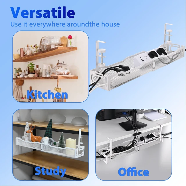 Alt view image 6 of 7 - Under Desk Cable Management Box 25.3 Inch Clamp-Mounted Cable Organizer Tray, Large Cord Management Box for Office & Home, Wire Organizer Under Desk Storage, White