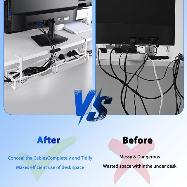 Alt view image 5 of 7 - Under Desk Cable Management Box 25.3 Inch Clamp-Mounted Cable Organizer Tray, Large Cord Management Box for Office & Home, Wire Organizer Under Desk Storage, White