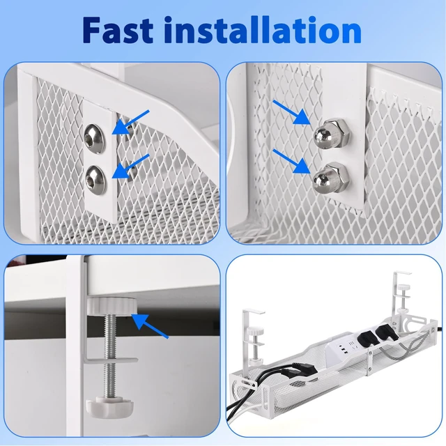 Alt view image 7 of 7 - Under Desk Cable Management Box 25.3 Inch Clamp-Mounted Cable Organizer Tray, Large Cord Management Box for Office & Home, Wire Organizer Under Desk Storage, White