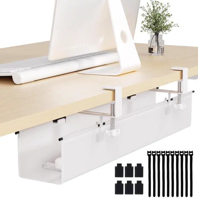 Main image of Under Desk Cable Management Tray 27.2" - No Drill Computer Wire Organizer Cable Tray, Cord Hider Clamp Mount with 16X Cable Ties PC Cables Management Cord Holder for Office/Home (Upgrade Fabric,White)
