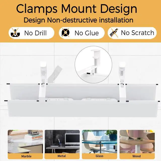Alt view image 7 of 7 - Under Desk Cable Management Tray 27.2" - No Drill Computer Wire Organizer Cable Tray, Cord Hider Clamp Mount with 16X Cable Ties PC Cables Management Cord Holder for Office/Home (Upgrade Fabric,White)