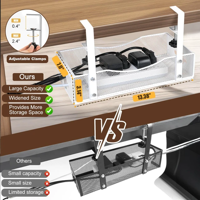 Alt view image 2 of 6 - Extra Wide Under Desk Cable Management - 7inch No Drill Installation Cable Management Tray, Clamp/Screw Mount Desk Cable Management, Cable Management Tray for Office, Home((White, XL)