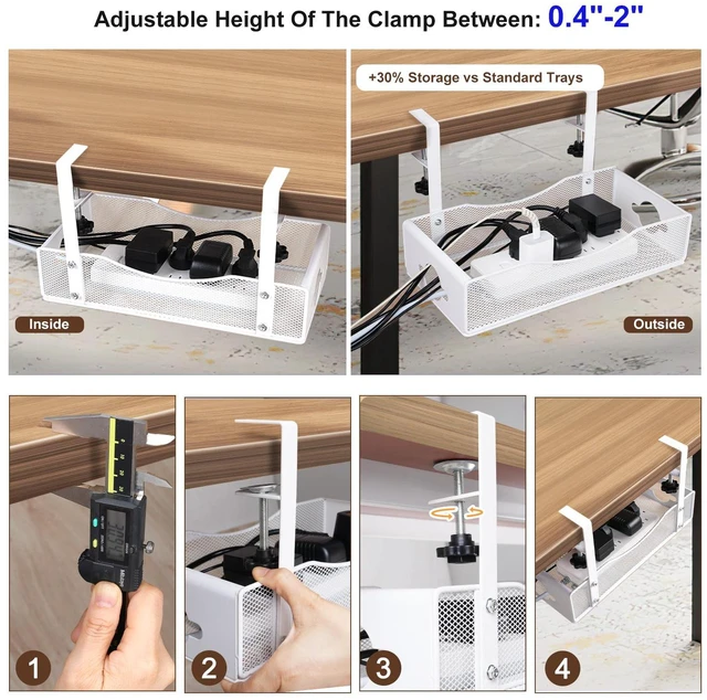 Alt view image 3 of 6 - Extra Wide Under Desk Cable Management - 7inch No Drill Installation Cable Management Tray, Clamp/Screw Mount Desk Cable Management, Cable Management Tray for Office, Home((White, XL)