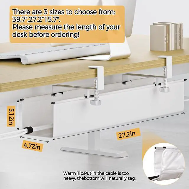 Alt view image 6 of 7 - Under Desk Cable Management Tray 27.2" - No Drill Computer Wire Organizer Cable Tray, Cord Hider Clamp Mount with 16X Cable Ties PC Cables Management Cord Holder for Office/Home (Upgrade Fabric,White)