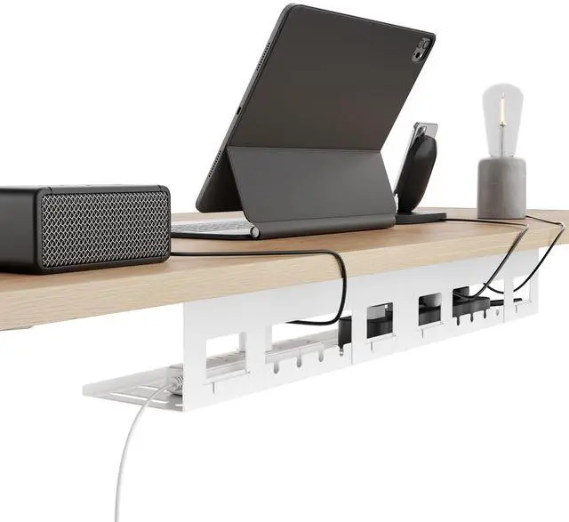 Main image of Under Desk Cable Management Tray, 31.5 Inches Metal Cord Organizer Rack, Desk Tray for Power Strip, Cord, Wire, Easy Mounting Cable Management Under Table for Home Office, White