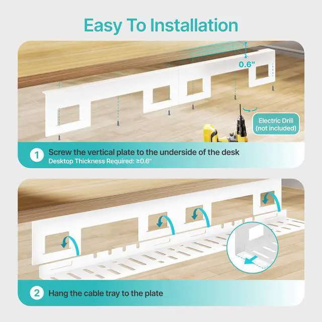 Alt view image 3 of 7 - Under Desk Cable Management Tray, 31.5 Inches Metal Cord Organizer Rack, Desk Tray for Power Strip, Cord, Wire, Easy Mounting Cable Management Under Table for Home Office, White