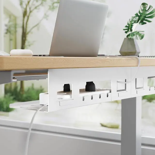 Alt view image 6 of 7 - Under Desk Cable Management Tray, 31.5 Inches Metal Cord Organizer Rack, Desk Tray for Power Strip, Cord, Wire, Easy Mounting Cable Management Under Table for Home Office, White