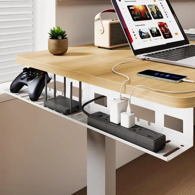 Alt view image 7 of 7 - Under Desk Cable Management Tray, 31.5 Inches Metal Cord Organizer Rack, Desk Tray for Power Strip, Cord, Wire, Easy Mounting Cable Management Under Table for Home Office, White