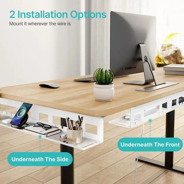 Alt view image 4 of 7 - Under Desk Cable Management Tray, 31.5 Inches Metal Cord Organizer Rack, Desk Tray for Power Strip, Cord, Wire, Easy Mounting Cable Management Under Table for Home Office, White