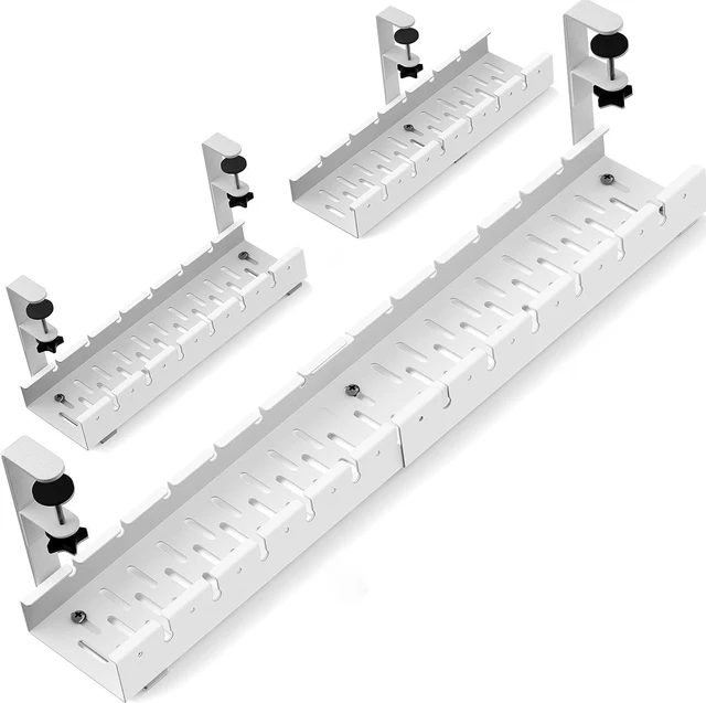 Main image of No Drilling Extendable Under Desk Cable Management, Metal Cable Management Tray Under Desk with Clamp, Retractable Power Strip Cord Holder for Wire Management 31Inch (1 Pack White)