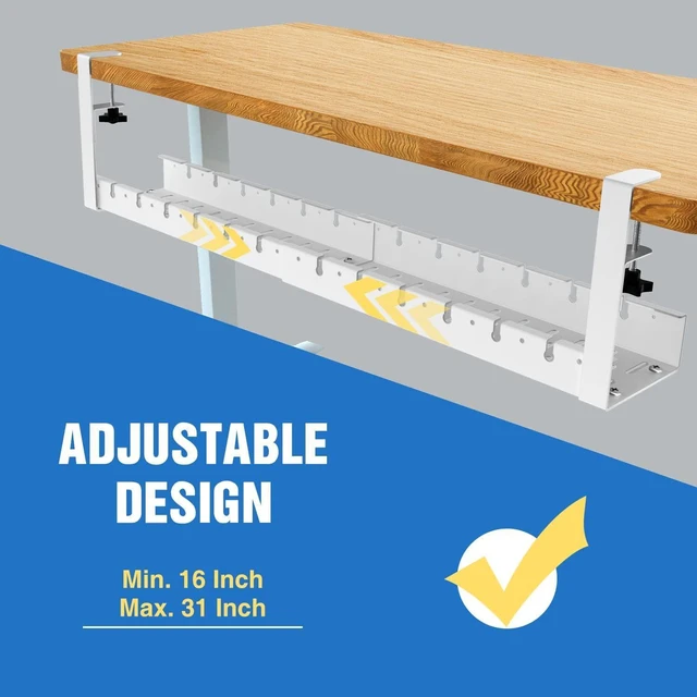 Alt view image 2 of 6 - No Drilling Extendable Under Desk Cable Management, Metal Cable Management Tray Under Desk with Clamp, Retractable Power Strip Cord Holder for Wire Management 31Inch (1 Pack White)