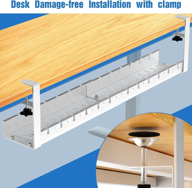 Alt view image 3 of 6 - No Drilling Extendable Under Desk Cable Management, Metal Cable Management Tray Under Desk with Clamp, Retractable Power Strip Cord Holder for Wire Management 31Inch (1 Pack White)
