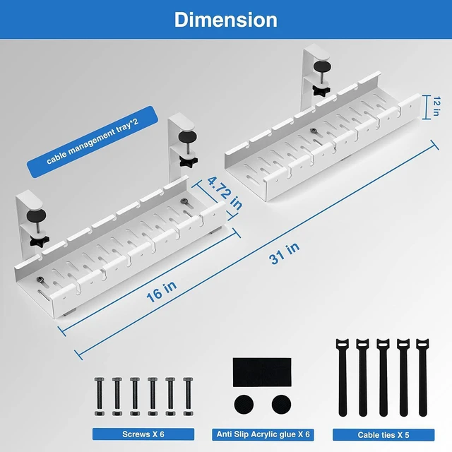 Alt view image 4 of 6 - No Drilling Extendable Under Desk Cable Management, Metal Cable Management Tray Under Desk with Clamp, Retractable Power Strip Cord Holder for Wire Management 31Inch (1 Pack White)