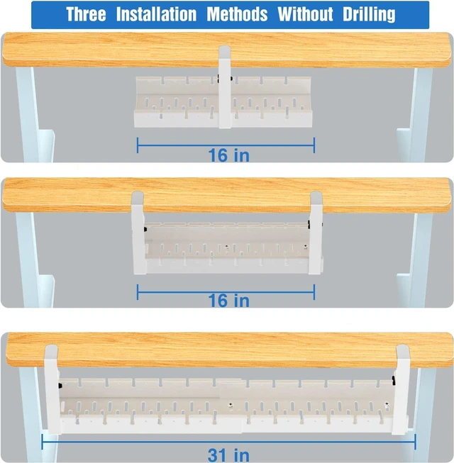 Alt view image 5 of 6 - No Drilling Extendable Under Desk Cable Management, Metal Cable Management Tray Under Desk with Clamp, Retractable Power Strip Cord Holder for Wire Management 31Inch (1 Pack White)