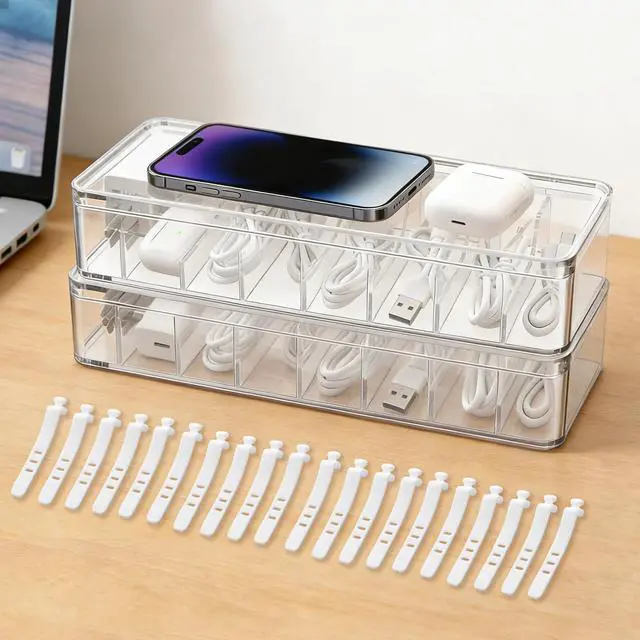 Main image of 2 Pack Cable Organizer Box with Lid - Stackable Charger Cord Storage Organizer with 20 Wire Ties - Adjustable Compartments Phone Cables Wire Management Box for Drawer Desk Office Home Accessories
