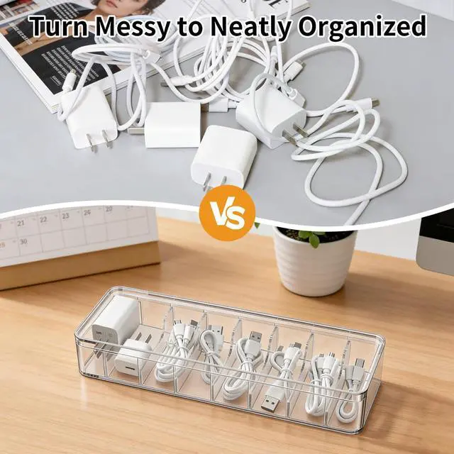 Alt view image 3 of 7 - 2 Pack Cable Organizer Box with Lid - Stackable Charger Cord Storage Organizer with 20 Wire Ties - Adjustable Compartments Phone Cables Wire Management Box for Drawer Desk Office Home Accessories