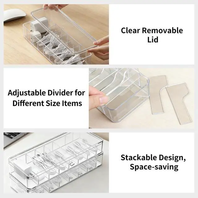 Alt view image 4 of 7 - 2 Pack Cable Organizer Box with Lid - Stackable Charger Cord Storage Organizer with 20 Wire Ties - Adjustable Compartments Phone Cables Wire Management Box for Drawer Desk Office Home Accessories
