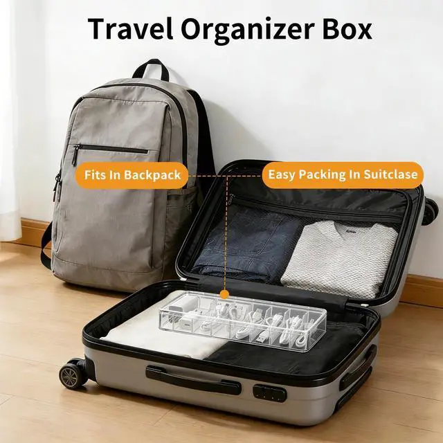 Alt view image 5 of 7 - 2 Pack Cable Organizer Box with Lid - Stackable Charger Cord Storage Organizer with 20 Wire Ties - Adjustable Compartments Phone Cables Wire Management Box for Drawer Desk Office Home Accessories