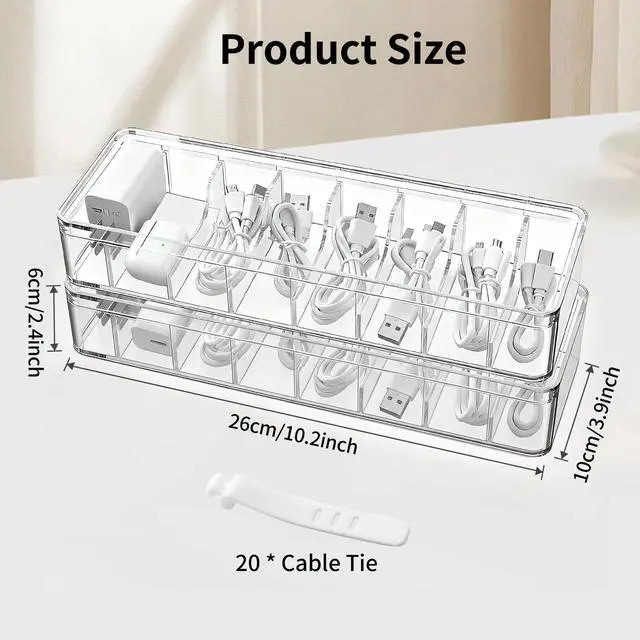 Alt view image 6 of 7 - 2 Pack Cable Organizer Box with Lid - Stackable Charger Cord Storage Organizer with 20 Wire Ties - Adjustable Compartments Phone Cables Wire Management Box for Drawer Desk Office Home Accessories