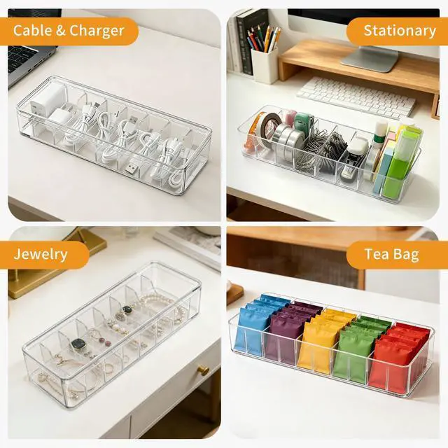 Alt view image 7 of 7 - 2 Pack Cable Organizer Box with Lid - Stackable Charger Cord Storage Organizer with 20 Wire Ties - Adjustable Compartments Phone Cables Wire Management Box for Drawer Desk Office Home Accessories