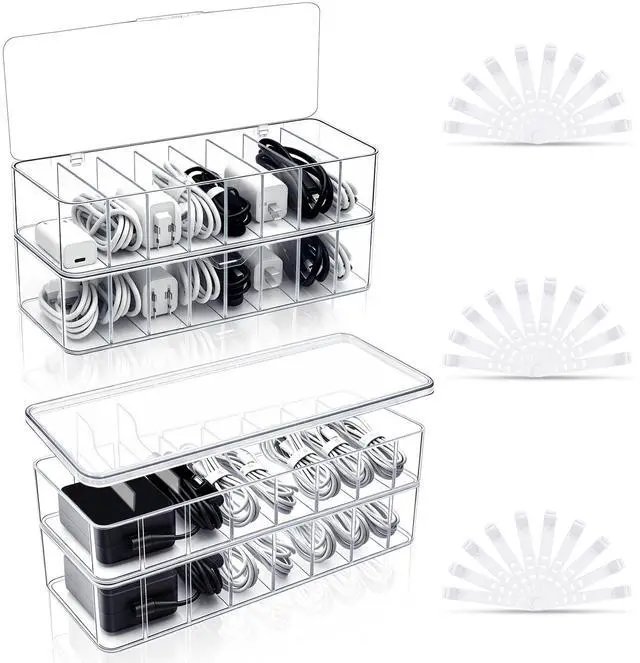 Main image of 4 Pack Cable Organizer Box with Wire Ties, 2 Style Plastic Cord Storage Box, 10 In Adjustable Clear Charger Organizer with Lid for Electronics Office Home Desk Accessories