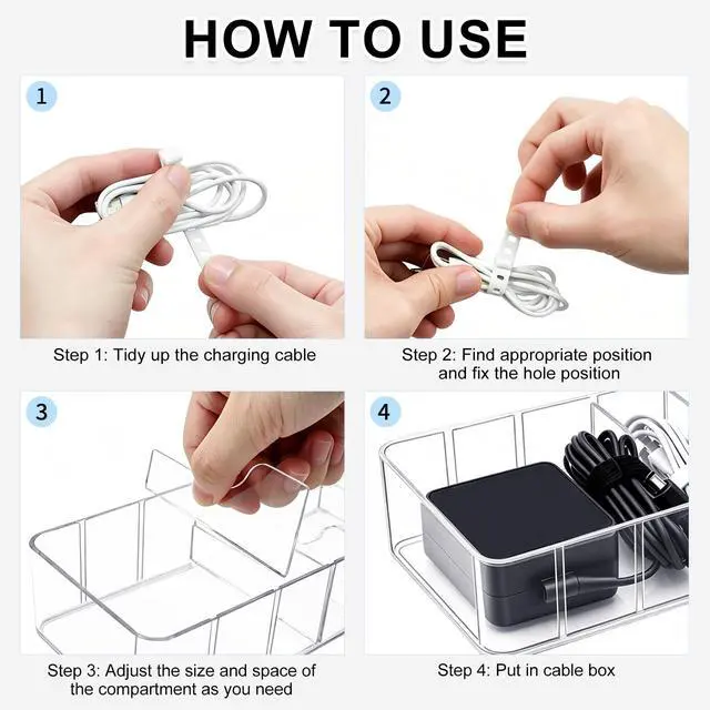 Alt view image 4 of 7 - 4 Pack Cable Organizer Box with Wire Ties, 2 Style Plastic Cord Storage Box, 10 In Adjustable Clear Charger Organizer with Lid for Electronics Office Home Desk Accessories