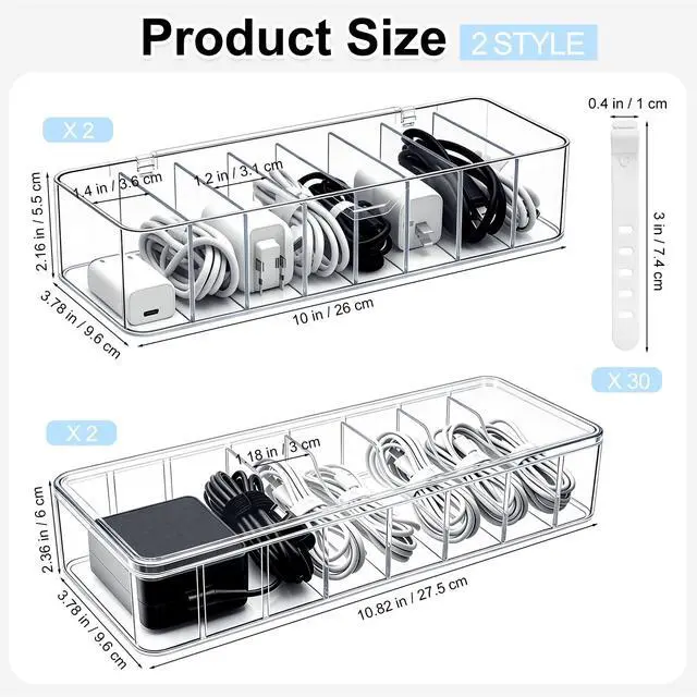 Alt view image 2 of 7 - 4 Pack Cable Organizer Box with Wire Ties, 2 Style Plastic Cord Storage Box, 10 In Adjustable Clear Charger Organizer with Lid for Electronics Office Home Desk Accessories