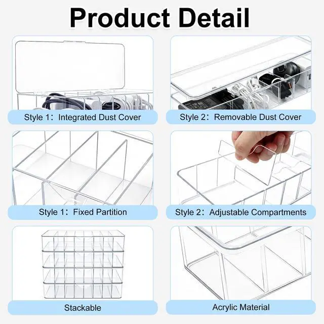 Alt view image 3 of 7 - 4 Pack Cable Organizer Box with Wire Ties, 2 Style Plastic Cord Storage Box, 10 In Adjustable Clear Charger Organizer with Lid for Electronics Office Home Desk Accessories