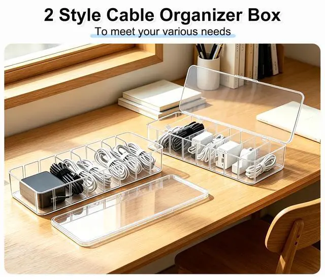 Alt view image 7 of 7 - 4 Pack Cable Organizer Box with Wire Ties, 2 Style Plastic Cord Storage Box, 10 In Adjustable Clear Charger Organizer with Lid for Electronics Office Home Desk Accessories