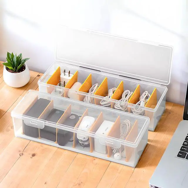 Main image of 2 Pack Clear Cable Organizer Box with Lid, Plastic Charger Cable Cord Storage Organizer, Office Desk Organizers, Multifunctional Accessories Storage for Home Drawer Office, Stackable