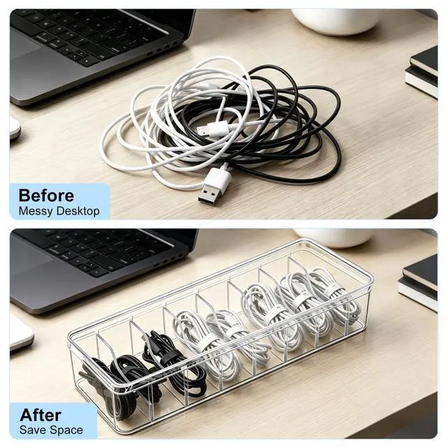 Alt view image 5 of 7 - 4 Pack Cable Organizer Box with Wire Ties, 2 Style Plastic Cord Storage Box, 10 In Adjustable Clear Charger Organizer with Lid for Electronics Office Home Desk Accessories