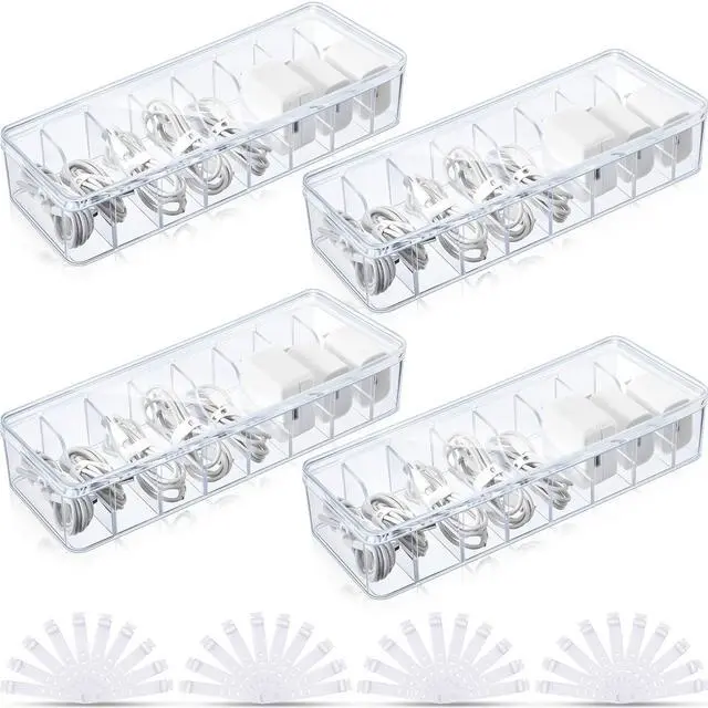 Main image of 4 Pcs Cable Organizer Box with Wire Ties, Plastic Cord Storage Box with Lid, Electronics Organizer for Home Office Desk Organizers and Accessories (Clear)