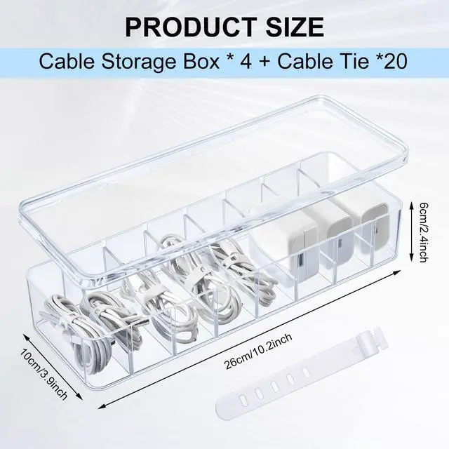 Alt view image 2 of 7 - 4 Pcs Cable Organizer Box with Wire Ties, Plastic Cord Storage Box with Lid, Electronics Organizer for Home Office Desk Organizers and Accessories (Clear)