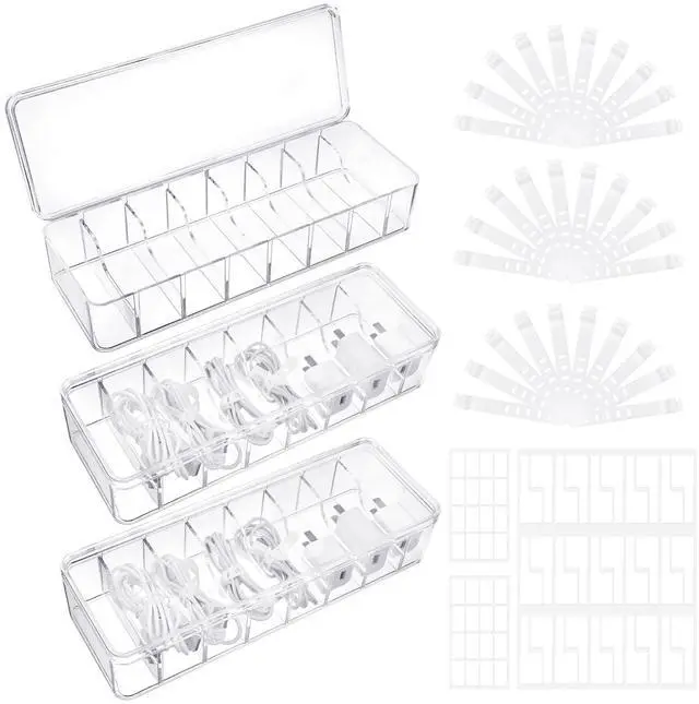Main image of Cable Organizer Box with Lid, 3 Pcs Clear Cord Storage Organizer with 30 Cable Ties 62 Cable Labels, Charger Organizer for Office Desk Drawer Organizers and Accessories