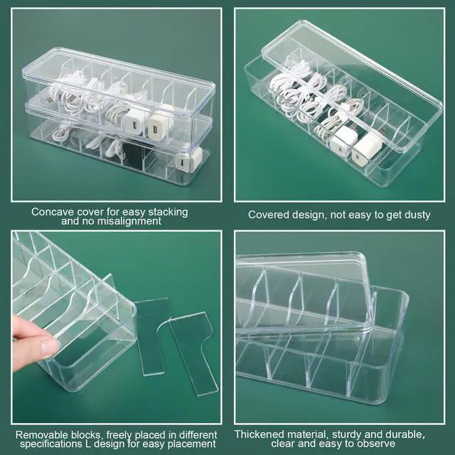 Alt view image 3 of 7 - Cable Organizer Box with Lid, 3 Pcs Clear Cord Storage Organizer with 30 Cable Ties 62 Cable Labels, Charger Organizer for Office Desk Drawer Organizers and Accessories