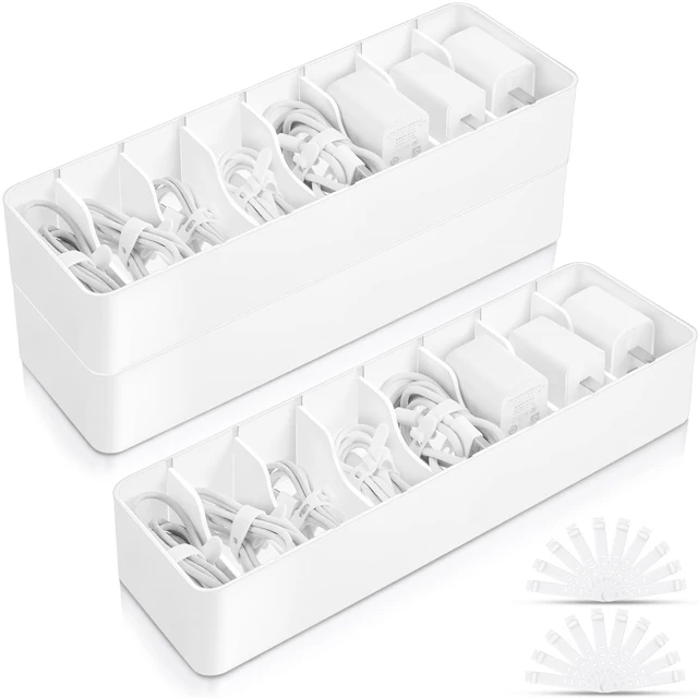 Main image of 2 Pcs Cable Organizer with 20 Wire Ties, Plastic Cord Storage Charger Electronics Box with Adjustment Compartments for Drawer Home Office Desk Accessories (White)