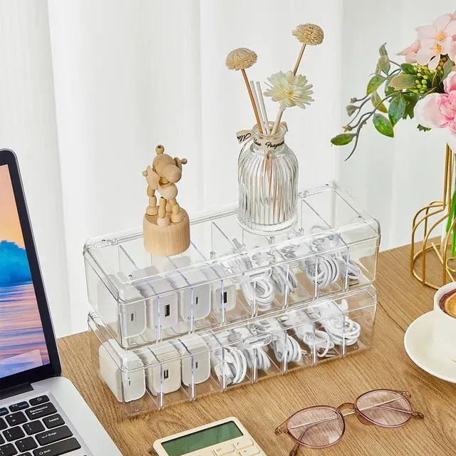 Main image of 2 Pcs Cable Cord Organizer Box Clear Plastic with Lid Desk Storage | 20 Wire Ties 2 Stickers, Cable Organizer for Home Office Desk, Cord Container for Chargers Adapters Wire Management