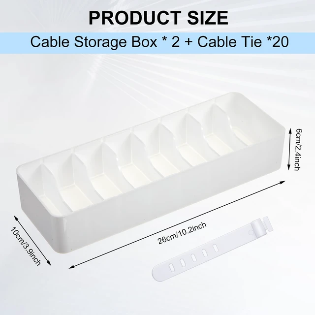 Alt view image 2 of 7 - 2 Pcs Cable Organizer with 20 Wire Ties, Plastic Cord Storage Charger Electronics Box with Adjustment Compartments for Drawer Home Office Desk Accessories (White)