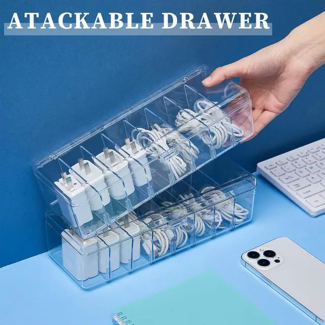 Alt view image 4 of 6 - 2 Pcs Cable Cord Organizer Box Clear Plastic with Lid Desk Storage | 20 Wire Ties 2 Stickers, Cable Organizer for Home Office Desk, Cord Container for Chargers Adapters Wire Management