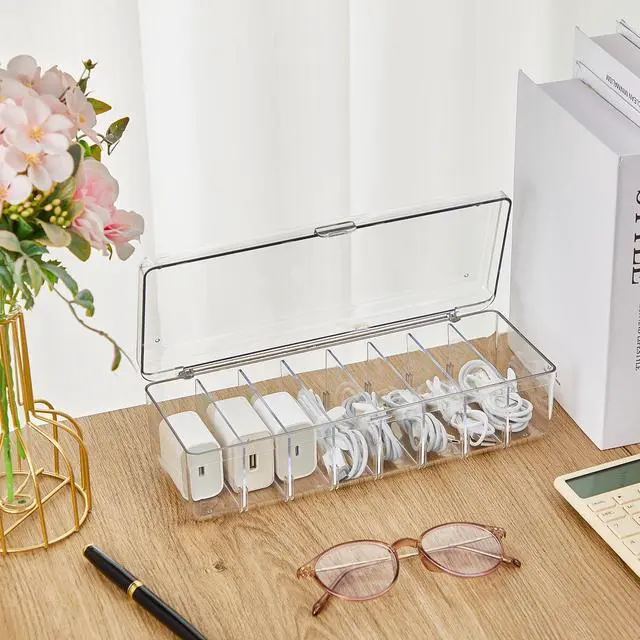 Alt view image 6 of 6 - 2 Pcs Cable Cord Organizer Box Clear Plastic with Lid Desk Storage | 20 Wire Ties 2 Stickers, Cable Organizer for Home Office Desk, Cord Container for Chargers Adapters Wire Management