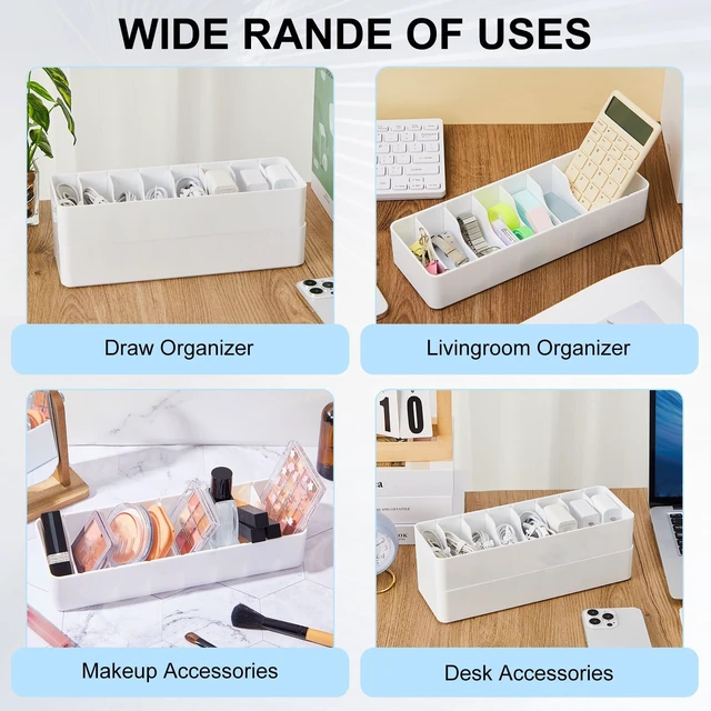 Alt view image 7 of 7 - 2 Pcs Cable Organizer with 20 Wire Ties, Plastic Cord Storage Charger Electronics Box with Adjustment Compartments for Drawer Home Office Desk Accessories (White)