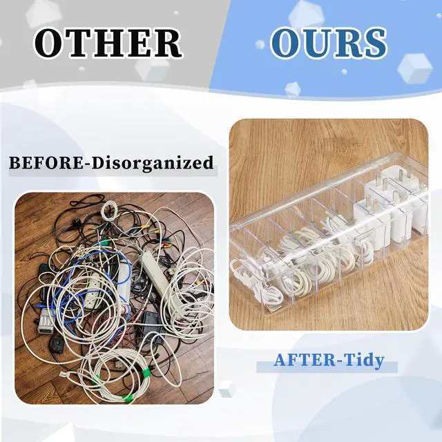 Alt view image 5 of 6 - 2 Pcs Cable Cord Organizer Box Clear Plastic with Lid Desk Storage | 20 Wire Ties 2 Stickers, Cable Organizer for Home Office Desk, Cord Container for Chargers Adapters Wire Management