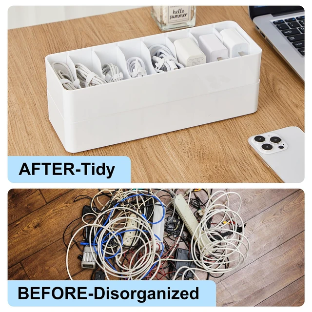Alt view image 6 of 7 - 2 Pcs Cable Organizer with 20 Wire Ties, Plastic Cord Storage Charger Electronics Box with Adjustment Compartments for Drawer Home Office Desk Accessories (White)