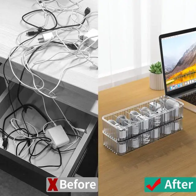 Alt view image 5 of 7 - Cable Storage Boxes Organizers 2 Pack,Cord Charger Storage Organizer Box Case with 20pcs Cable Ties,Stackable,Clear