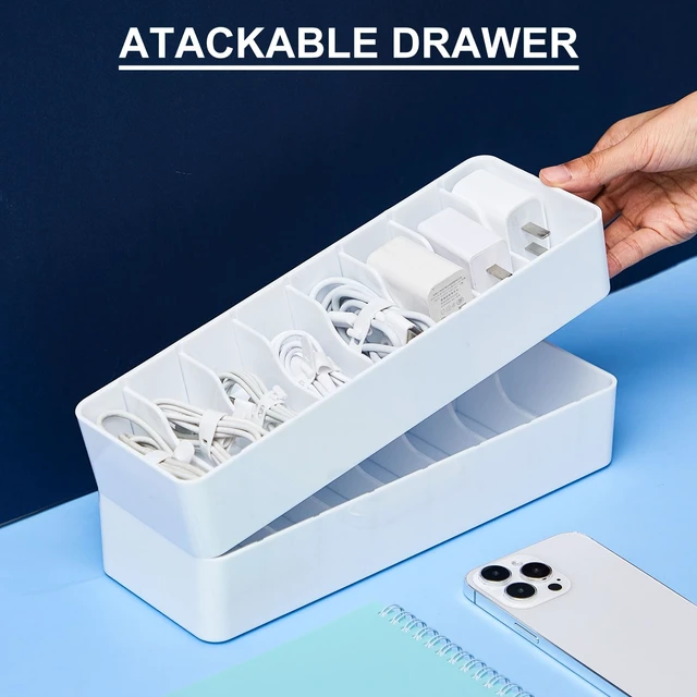 Alt view image 3 of 7 - 2 Pcs Cable Organizer with 20 Wire Ties, Plastic Cord Storage Charger Electronics Box with Adjustment Compartments for Drawer Home Office Desk Accessories (White)