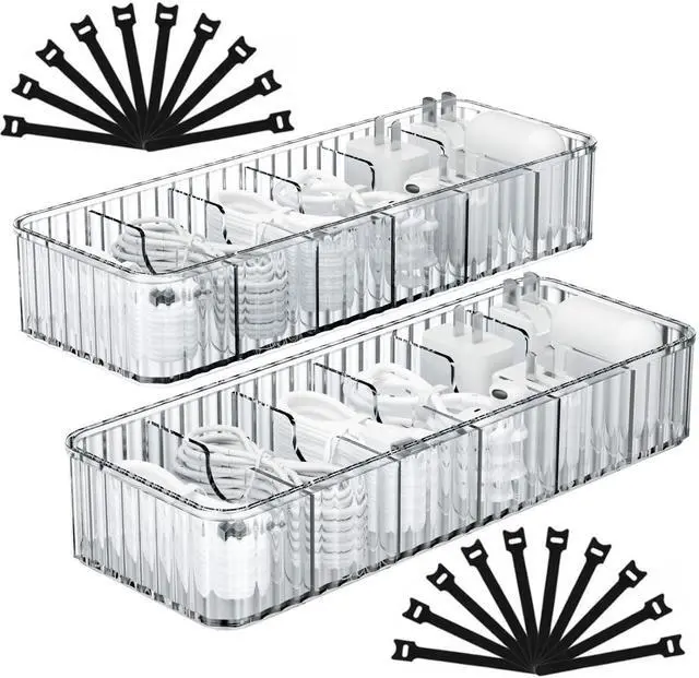 Main image of Cable Storage Boxes Organizers 2 Pack,Cord Charger Storage Organizer Box Case with 20pcs Cable Ties,Stackable,Clear