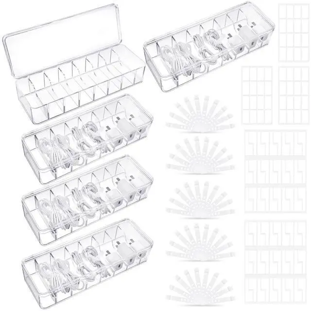 Main image of Cable Organizer Box with Lid, 5 Pcs Clear Cord Storage Organizer with 50 Cable Ties 108 Cable Labels, Charger Organizer for Office Desk Drawer Organizers and Accessories