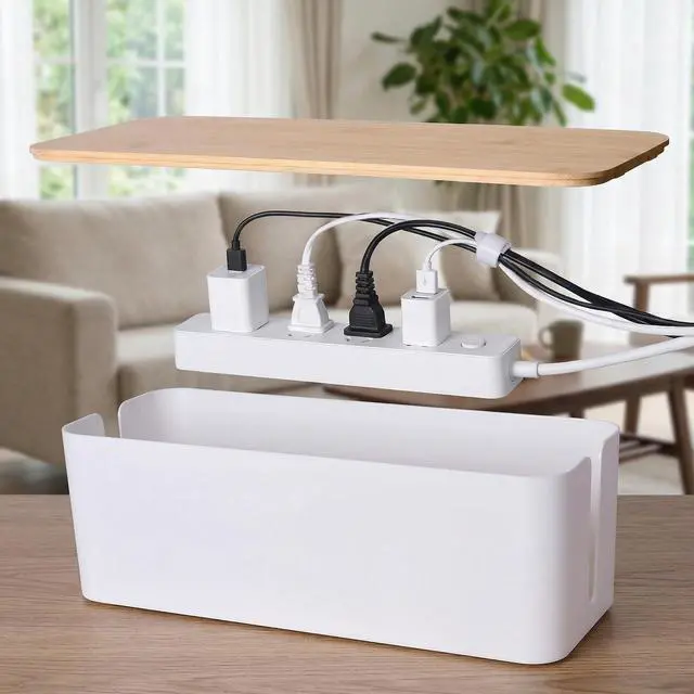 Alt view image 2 of 7 - 2 Pack Cable Management Box - Cord Organizer Box with Wooden Lid for TV Wires, Power Strips, Router, USB Hub & Under Desk Power: Baby & Pet Proof Cord Management, Cord Hider for Home & Office (White)