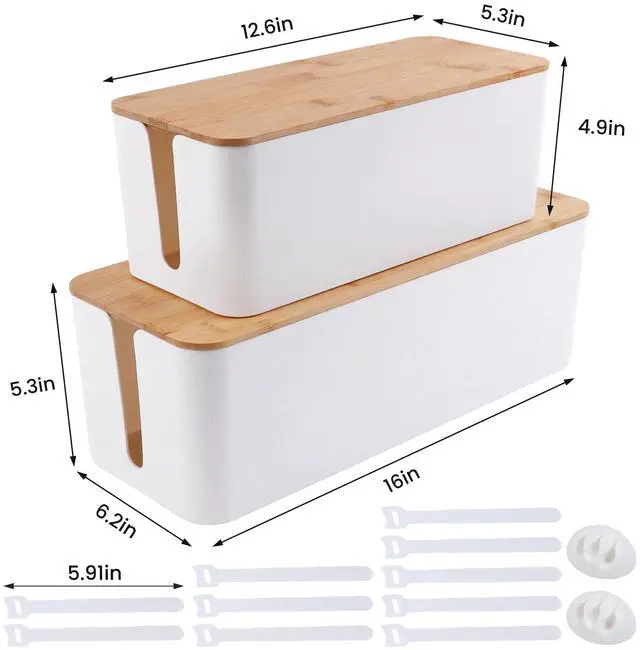 Alt view image 3 of 7 - 2 Pack Cable Management Box - Cord Organizer Box with Wooden Lid for TV Wires, Power Strips, Router, USB Hub & Under Desk Power: Baby & Pet Proof Cord Management, Cord Hider for Home & Office (White)