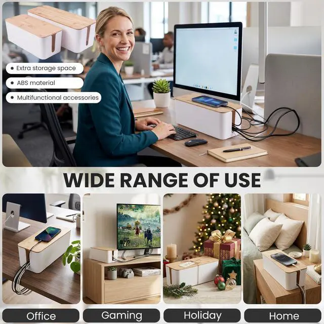 Alt view image 7 of 7 - 2 Pack Cable Management Box - Cord Organizer Box with Wooden Lid for TV Wires, Power Strips, Router, USB Hub & Under Desk Power: Baby & Pet Proof Cord Management, Cord Hider for Home & Office (White)